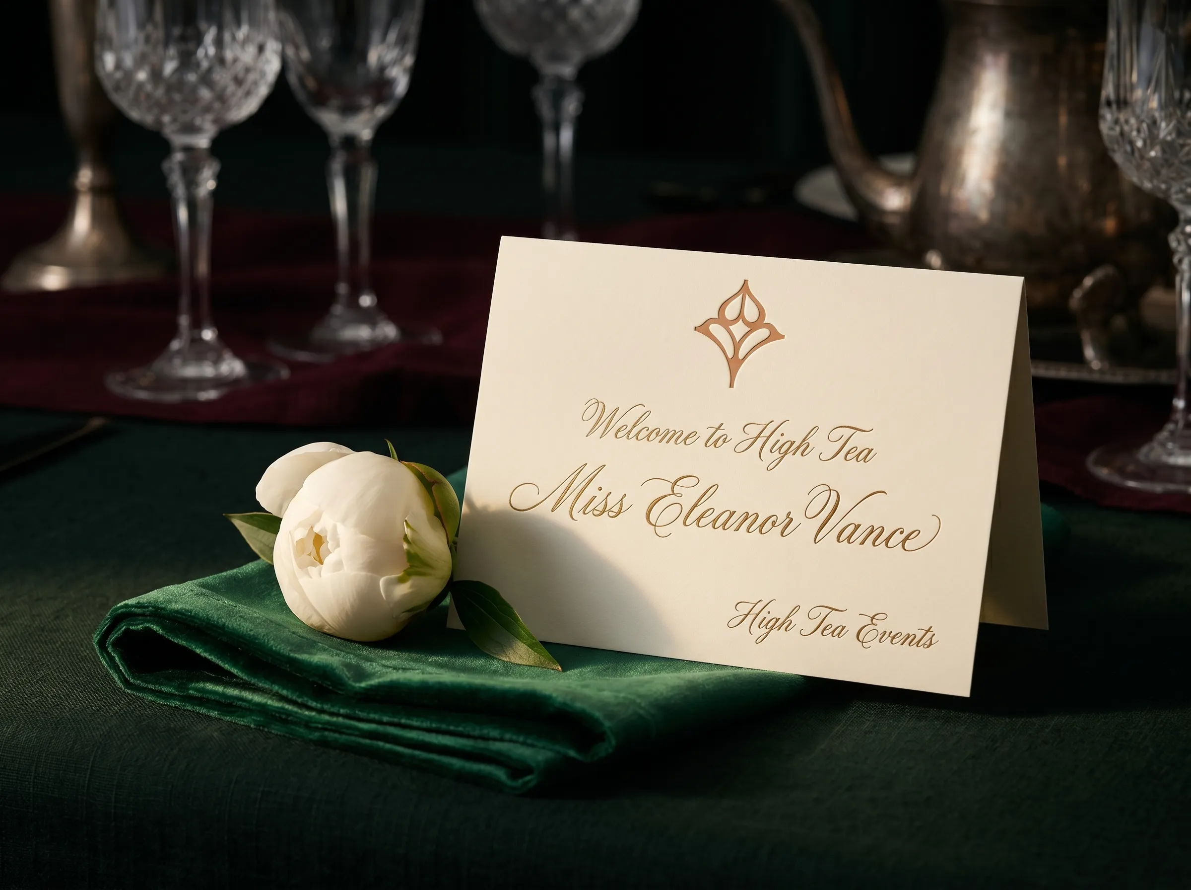 Hand-calligraphed place card on emerald velvet napkin
