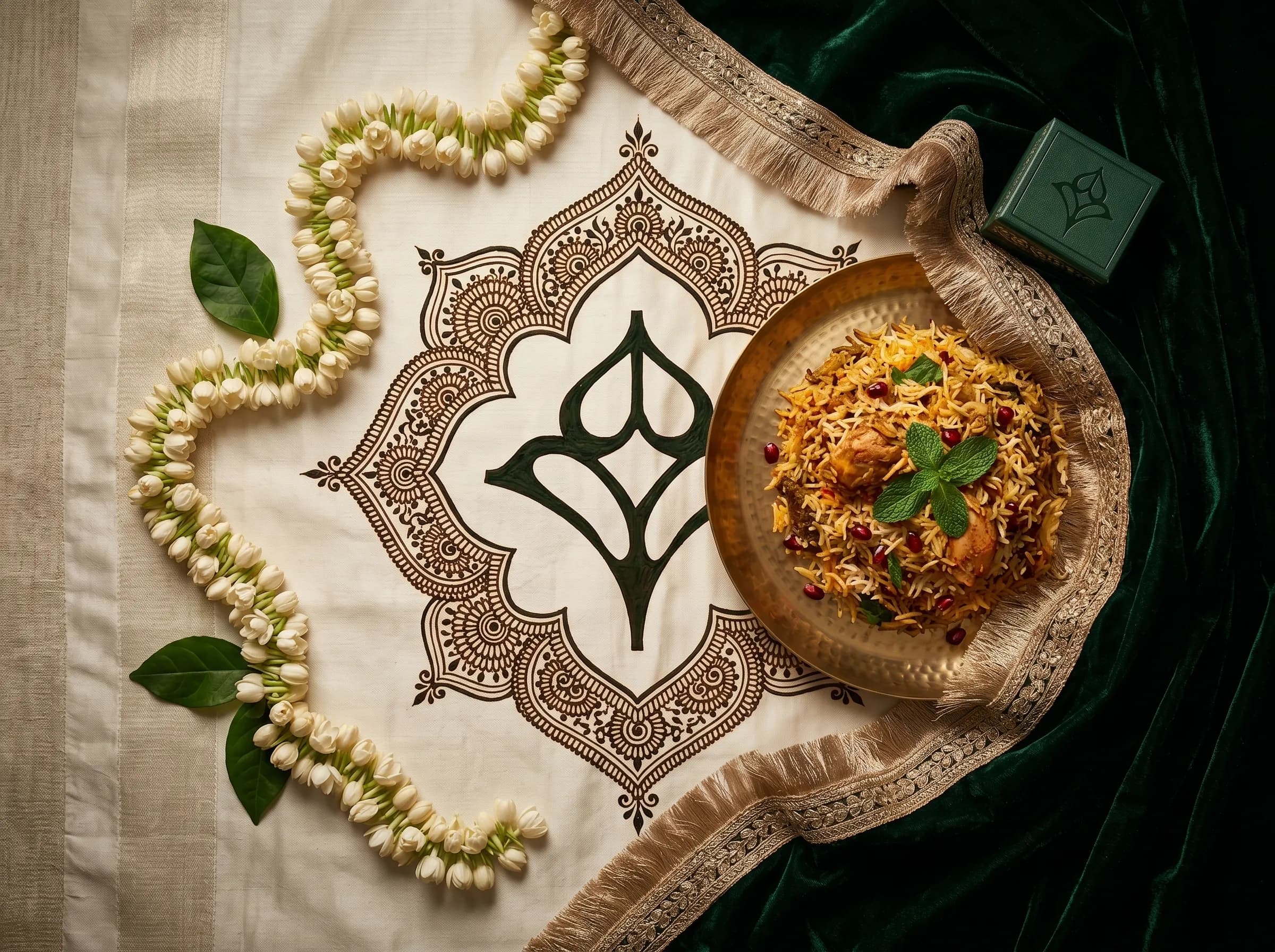 Pakistani wedding flat-lay — brass thali with biryani, jasmine, henna design