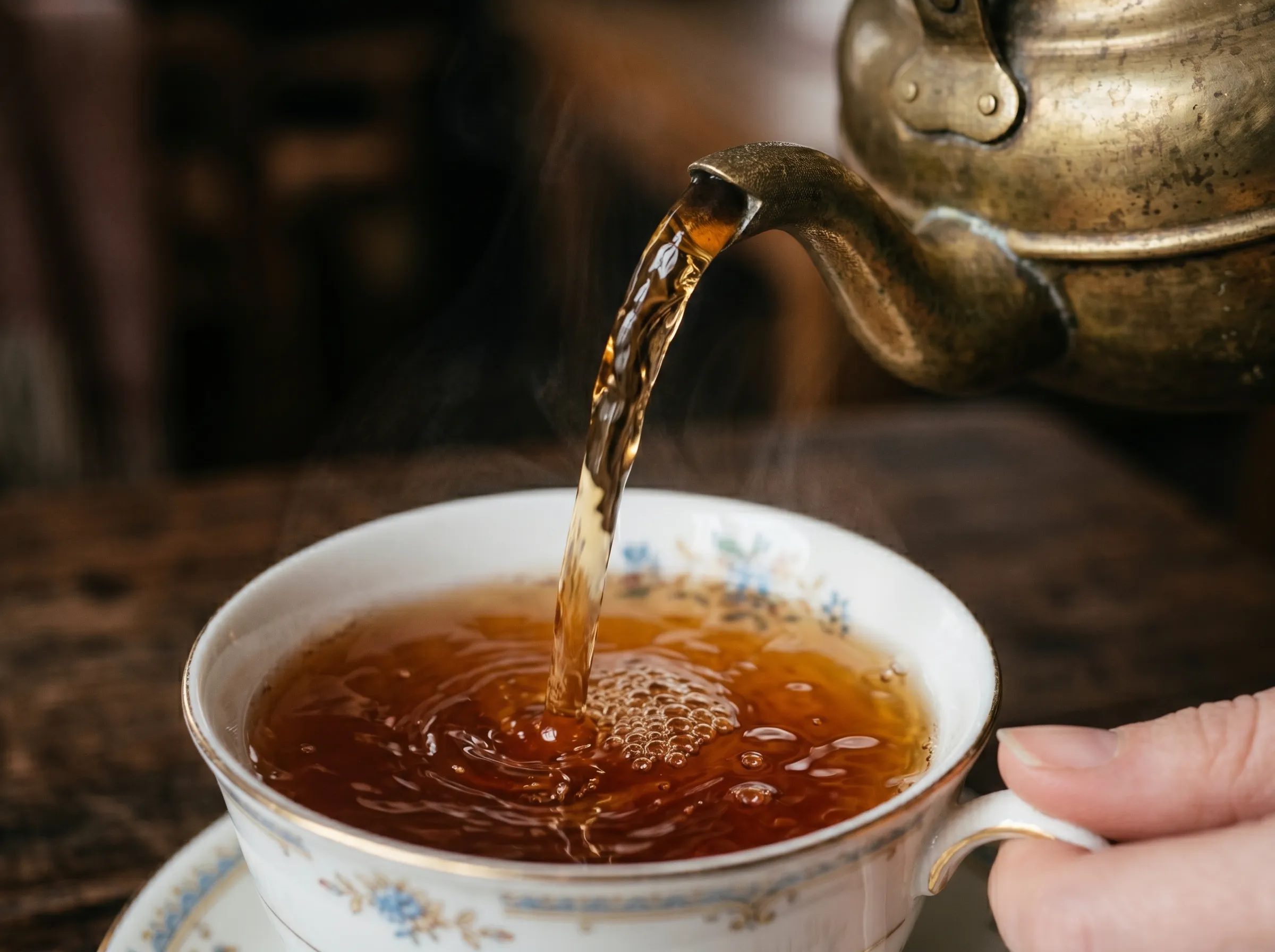 A pour of golden tea into bone-china